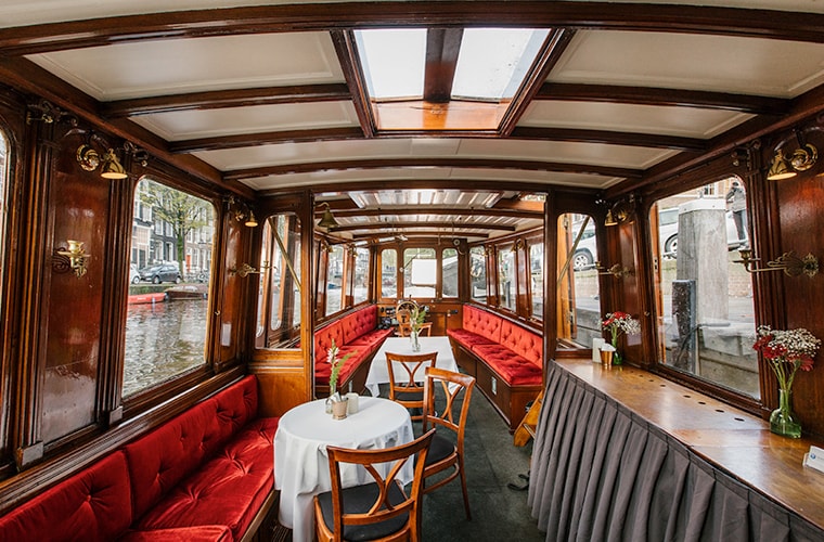 The interior of classic canal boat Ondine.